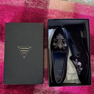 Valentina Black Velvet Loafers with Silver Embroidery